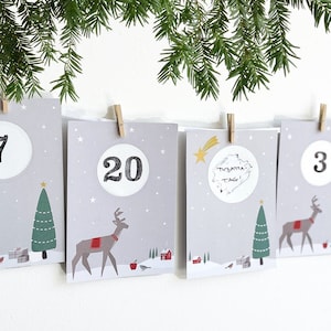 RUBBEL Advent calendar, for scratching, deer in the snow, craft set 97 pieces Time instead of stuff voucher calendar in Nordic style Mimi and Anton image 1