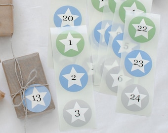 Numéros du calendrier de l'Avent | 24 numéros de calendrier de l'avent à coller, autocollants calendrier de l'avent en bleu, vert, gris style nordique Mimi et Anton