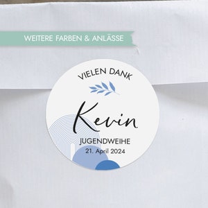 DANKE Aufkleber Jugendweihe personalisiert | 12x Sticker rund, 5 cm | Kommunion Konfirmation Taufe Firmung | Regenbogen Mimi und Anton