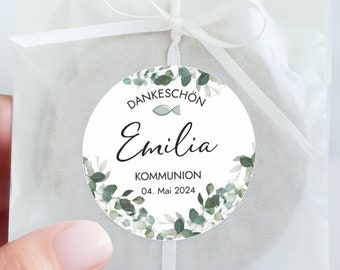 COMMUNIE DANK U sticker gepersonaliseerd | 12x bedankje rond, 5 cm | Sticker bevestiging doop jeugdwijding | Eucalyptus Mimi en Anton