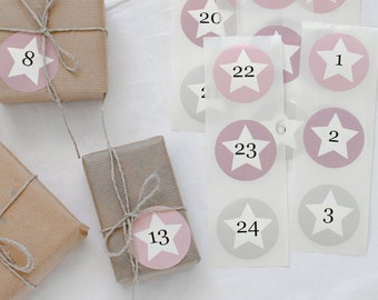 Adventskalender Zahlen | 24 Adventskalenderzahlen zum Aufkleben, Adventskalenderaufkleber in Rosa, Pink, Grau Nordic Stil Mimi und Anton