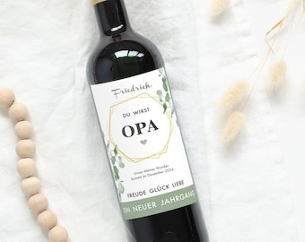 OPA | Personalisiertes Weinlabel Du wirst Opa | Schwangerschaft verkünden Großeltern | Babyankündigung im Design Eukalyptus Mimi und Anton