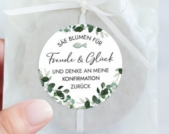 KONFIRMATION DANKE Aufkleber Säe Blumen für Freude und Glück | 12x rund 5 cm | Taufe Kommunion Jugendweihe | Eukalyptus Mimi und Anton