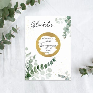 Gratta e vinci TESTIMONI DEL MORRO | Gratta e vinci Ti piacerebbe essere la mia damigella d'onore | Domande di matrimonio sfortunate nel design Eucalyptus Mimi e Anton