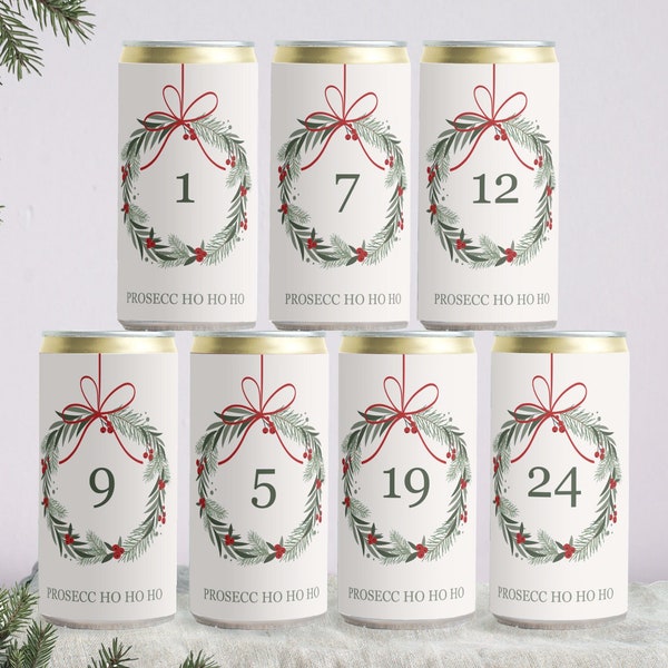 Adventskalender Prosecco HoHoHo für Erwachsene | 24x Zahlen Sticker Getränke-Dosen-Banderole Design Weihnachtskranz | Mimi und Anton