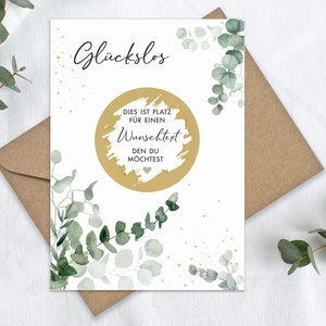 Gratta e vinci VOUCHER personalizzato con testo desiderato, biglietto fortunato per compleanni, matrimoni, Natale, padrini, eucalipto Mimi e Anton