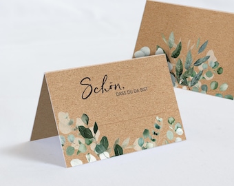 Tischkarten im Kraftpapier Look | Platzkarte Schön, dass du da bist | Tischdeko modern | Eukalyptus Salbei Grün, Design Mimi und Anton