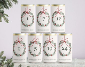 Calendrier de l'Avent Prosecco HoHoHo pour adultes | 24x autocollants numérotés pour canettes de boissons, banderole, motif couronne de Noël | Mimi et Anton