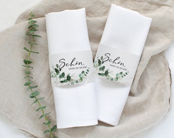 Serviettes PARCHEMIN banderole | 12x ronds de serviette Heureux que vous soyez ici | Papier calque décoration de table | Eucalyptus Mimi et Anton