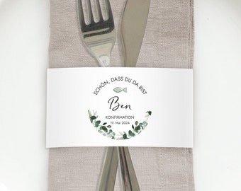 CONFIRMATION napkin banderole personalized | 12x napkin banderoles Nice that you are here Communion Baptism Youth Consecration | Eucalyptus