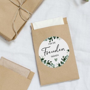 FREUDENTRÄNEN Aufkleber | 12x rund, 5 cm | Taschentücher Banderole Blumensamen Sticker Gastgeschenk | Eukalyptus Mimi und Anton