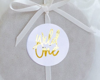 WILDONE | 40 GOLD stickers for first birthday, paper bag stickers, copper candy bar labels, boho style Mimi and Anton