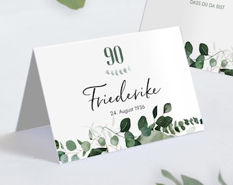 Personalized 90th birthday place cards | 12x Place cards "So glad you're here" | Modern table decoration | Eucalyptus sage green Mimi and Anton