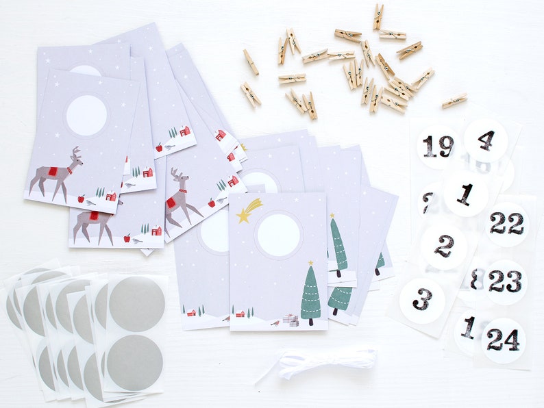 RUBBEL Advent calendar, for scratching, deer in the snow, craft set 97 pieces Time instead of stuff voucher calendar in Nordic style Mimi and Anton image 4