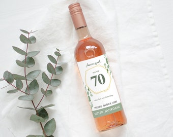 70th birthday gift | Personalized Bottle Label Wine Bottle Label | Wine label Happy Birthday | Eucalyptus Mimi and Anton