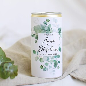 Prosecco Banderole PERSONALISIERT Sticker für JGA, Hochzeit, Getränke-Dosen-Banderole Design Eukalyptus Greenery Mimi und Anton Bild 5