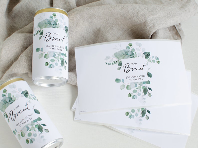 Prosecco Banderole PERSONALISIERT Sticker für JGA, Hochzeit, Getränke-Dosen-Banderole Design Eukalyptus Greenery Mimi und Anton Bild 8