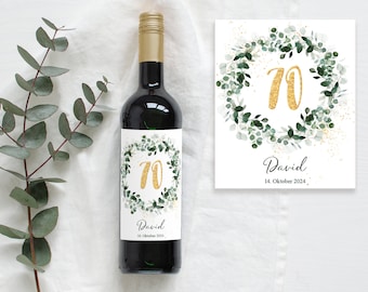 70th Birthday Gift | Personalized Bottle Label Wine Bottle Label | Eucalyptus Greenery Gold Design Mimi and Anton