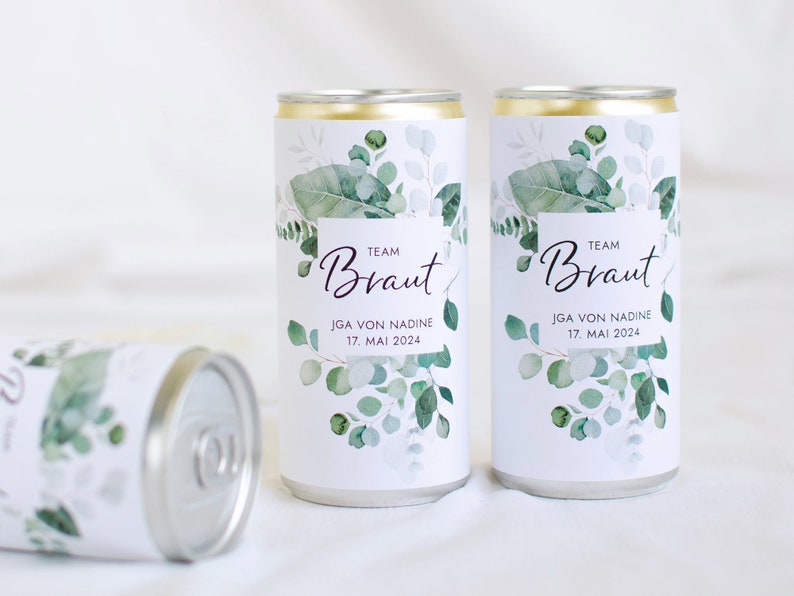 Prosecco Banderole PERSONALISIERT Sticker für JGA, Hochzeit, Getränke-Dosen-Banderole Design Eukalyptus Greenery Mimi und Anton Bild 10