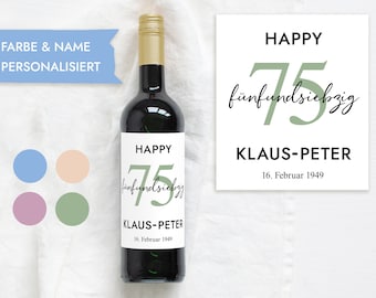 75th birthday gift | Personalized Bottle Label Wine Bottle Label | Wine label Happy Birthday | Design Mimi and Anton