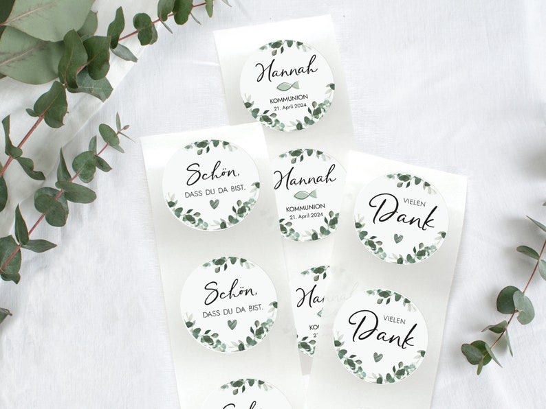 COMMUNION THANK YOU sticker personalized 12x thank you round, 5 cm Sticker confirmation baptism youth consecration Eucalyptus Mimi and Anton image 4