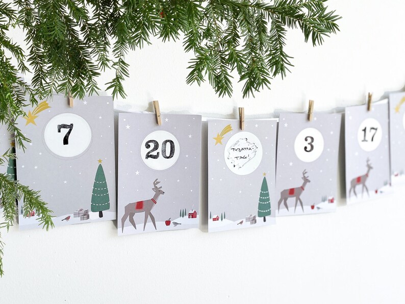 RUBBEL Advent calendar, for scratching, deer in the snow, craft set 97 pieces Time instead of stuff voucher calendar in Nordic style Mimi and Anton image 1