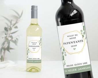 Étiquette de bouteille PATENONKEL | Etiquette de vin Voulez-vous être mon parrain ? | annoncer une amie grossesse | Design eucalyptus renna deluxe