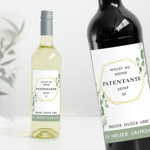 Flaschenetikett PATENONKEL | Weinlabel Willst Du mein Patenonkel sein? | Schwangerschaft verkünden Freund | Design Eukalyptus renna deluxe