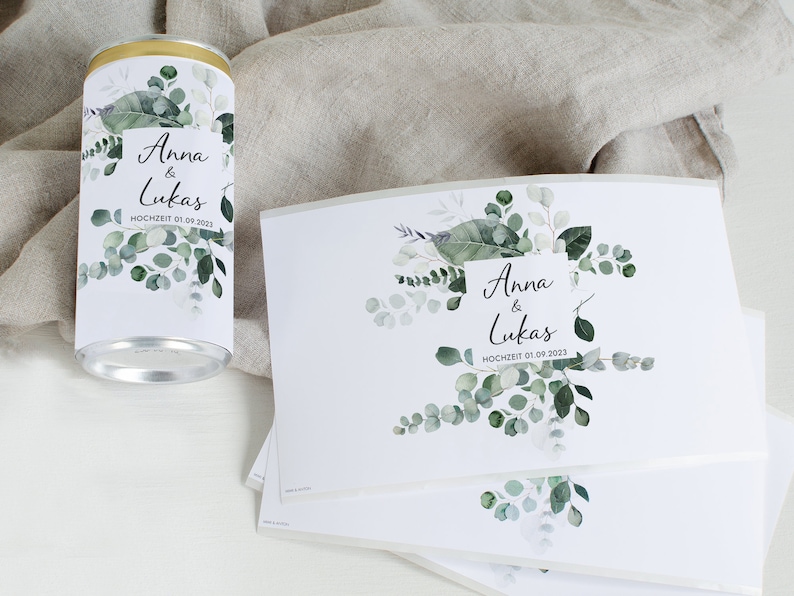 Prosecco Banderole PERSONALISIERT Sticker für JGA, Hochzeit, Getränke-Dosen-Banderole Design Eukalyptus Greenery Mimi und Anton Bild 4