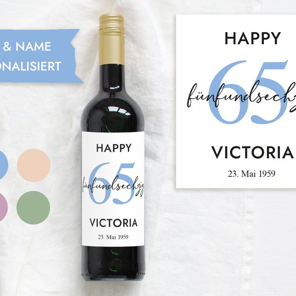 65 Geburtstag Geschenk | Personalisiertes Flaschenetikett Wein Flaschen Etikett | Weinlabel Happy Birthday | Design Mimi und Anton