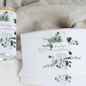 Prosecco Banderole PERSONALISIERT Sticker für JGA, Hochzeit, Getränke-Dosen-Banderole Design Eukalyptus Greenery Mimi und Anton Bild 7