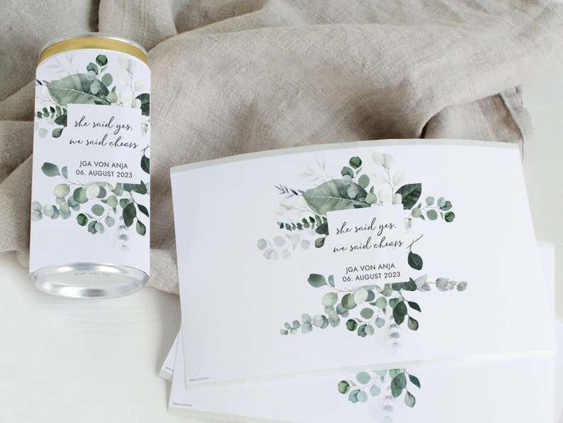 Prosecco Banderole PERSONALISIERT Sticker für JGA, Hochzeit, Getränke-Dosen-Banderole Design Eukalyptus Greenery Mimi und Anton Bild 7