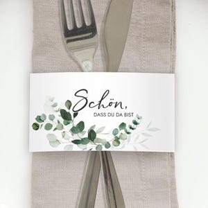 Tovagliolo a fascetta | 12 fascette porta tovaglioli Che bello che tu sia qui | Elegante decorazione da tavola bianco verde | Eucalyptus Mimi e Anton