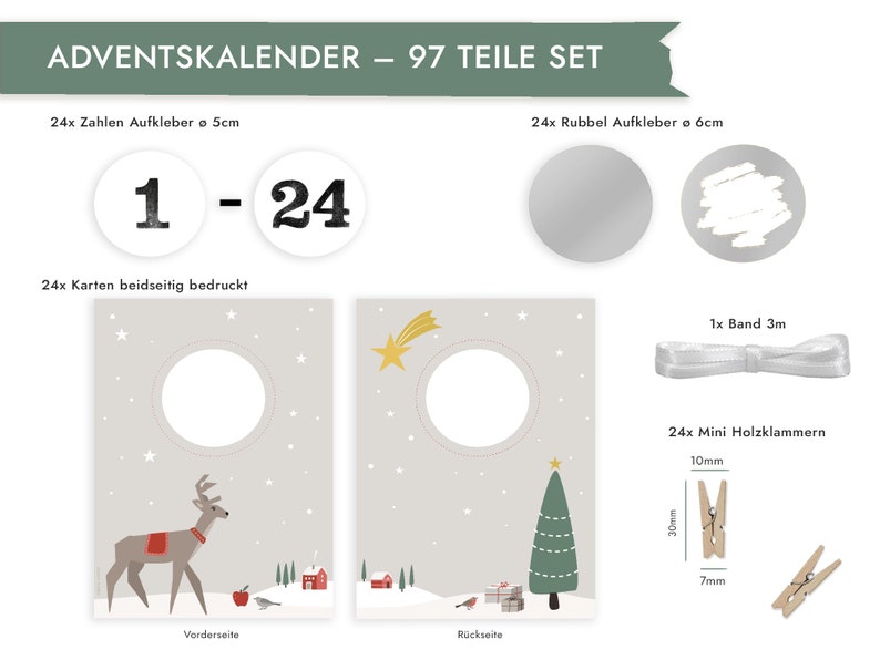 RUBBEL Advent calendar, for scratching, deer in the snow, craft set 97 pieces Time instead of stuff voucher calendar in Nordic style Mimi and Anton image 3