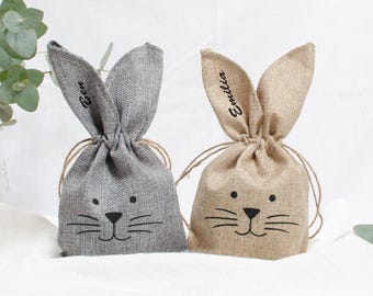 OSTERBEUTEL personalisiert Hase | Osterkorb personalisiert, Jute Look Braun Osterhase Ostertasche Hase mit Namen Ostergeschenk Junge Mädchen