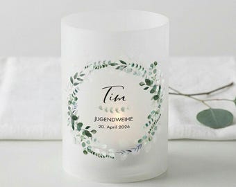 Portacandele personalizzato per consacrazione giovanile | Copriportacandele | Decorazione da tavolo con design in eucalipto verde | Mimi e Anton
