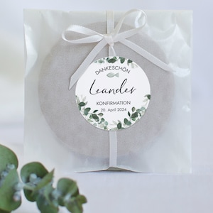 KONFIRMATION DANKE Aufkleber personalisiert | 24x Dankeschön Sticker, rund 4 cm | Taufe Kommunion Jugendweihe | Eukalyptus Mimi und Anton