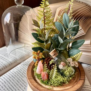 Magical forest decor with a mini bottle | Assorted floral glass dome centerpiece | Mythical fantasy bookshelf & home decoration