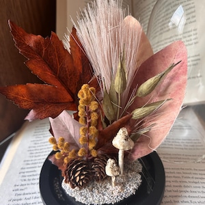 Fall floral glass cloche with mushrooms | unique autumn holiday decoration | housewarming gift | seasonal bookshelf decor