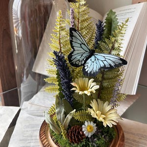 Floral Glass Cloche with Blue Butterfly: Whimsical Forest Decor
