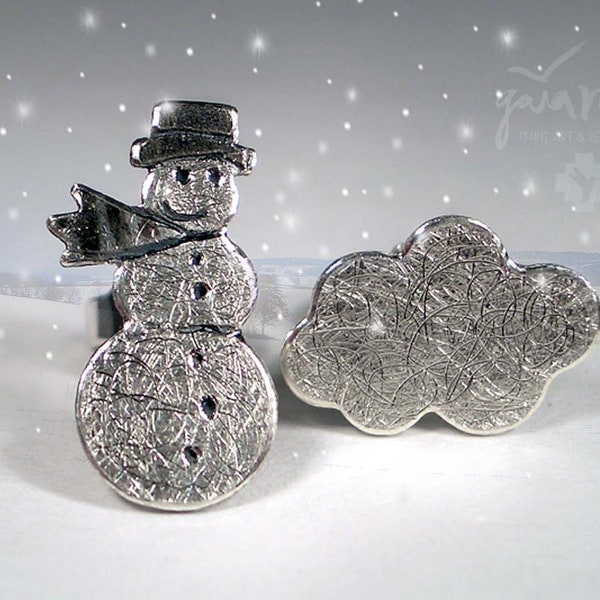 Kinder Ohrringe SCHNEEMANN + WOLKE, Kinder Schneemann Ohrstecker in Silber, Kinder Schmuck Silber