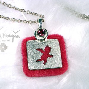 Guardian angel necklace ANGEL, angel pendant silver, guardian angel pendant baptism necklace, angel pendant with garnet (rhodolite) and felt (pink)