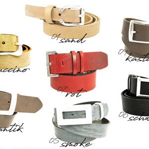 May include: A set of ten leather belts in various colors, including sand, cappuccino, cafe antik, smoke, kastanie, schwarz, rot. Each belt has a silver buckle.