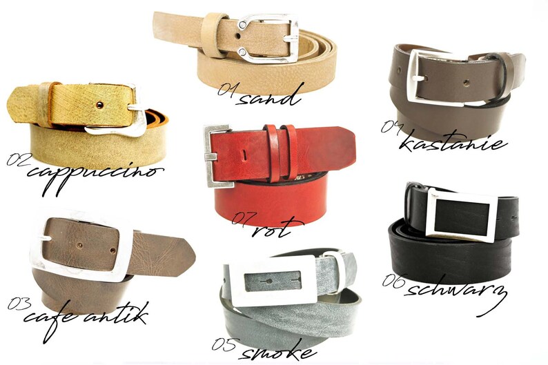 May include: A set of ten leather belts in various colors, including sand, cappuccino, cafe antik, smoke, kastanie, schwarz, rot. Each belt has a silver buckle.