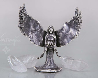 ERZENGEL (Silber dunkel) Engel Skulptur, Erzengel Figur, Schutzengel Skulptur, Engel Figur, Erzengel Figur mit Bergkristall