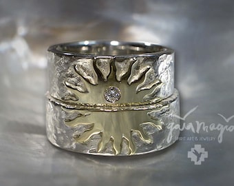 Sun wedding rings TAITA INTI including brilliant and engraving, sun wedding rings, sun rings, special wedding rings, unusual wedding rings in silver