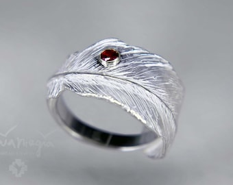 Boho Feder Statementring SCHWANENMAGIE,  Boho Hippie Ring, Engel Feder Ring mit Rubin, Schwanenfeder Ring Silber, Schamanen Adlerfeder Ring