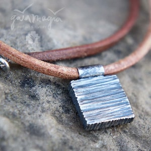 Men's leather necklace STRUCTURE (square), rustic men's silver pendant with structure, leather necklace with solid pendant for men