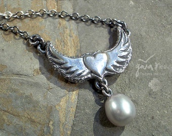 Collier coeur HERZKRAFT, collier coeur aile d'ange, coeur avec ailes en argent avec perle, amulette déesse