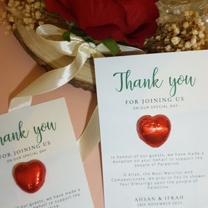 Chocolate Heart Wedding Favour, Wedding Donation Card, In lieu of favours, foiled personalised wedding favour, Palestine Wedding Donation.